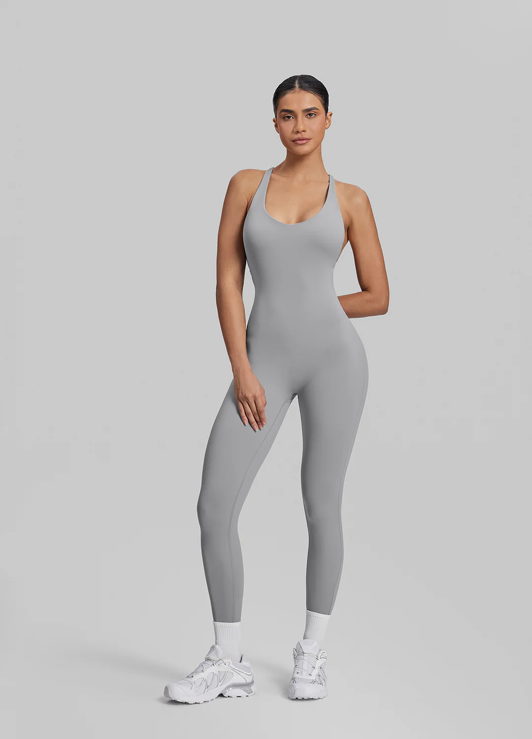 Form-Fitting Full Length Crossback Built-in Bra Sweat-Wicking Bodysuit