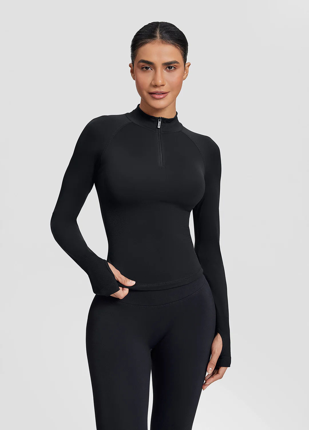 Ultrasculpt Longline Form-Fitting Seamless Thumb Hole Twill Knit Half-Zip Top