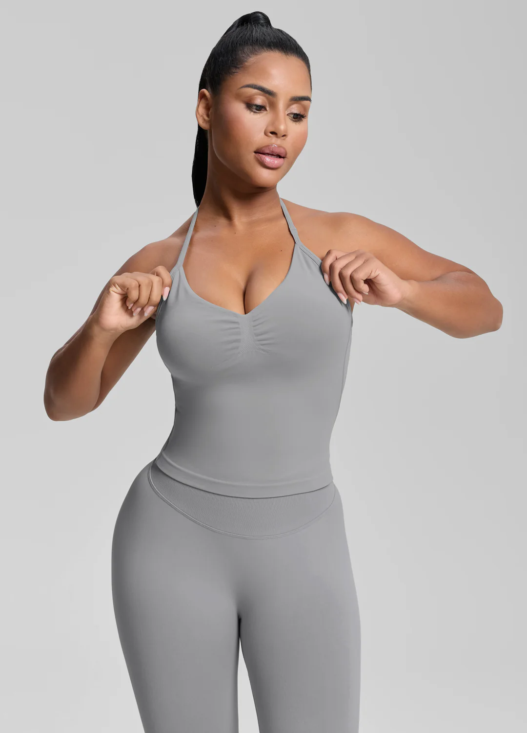 Ultrasculpt Longline Halterneck Form-Fitting Built-in Bra Twill Knit Tank Top