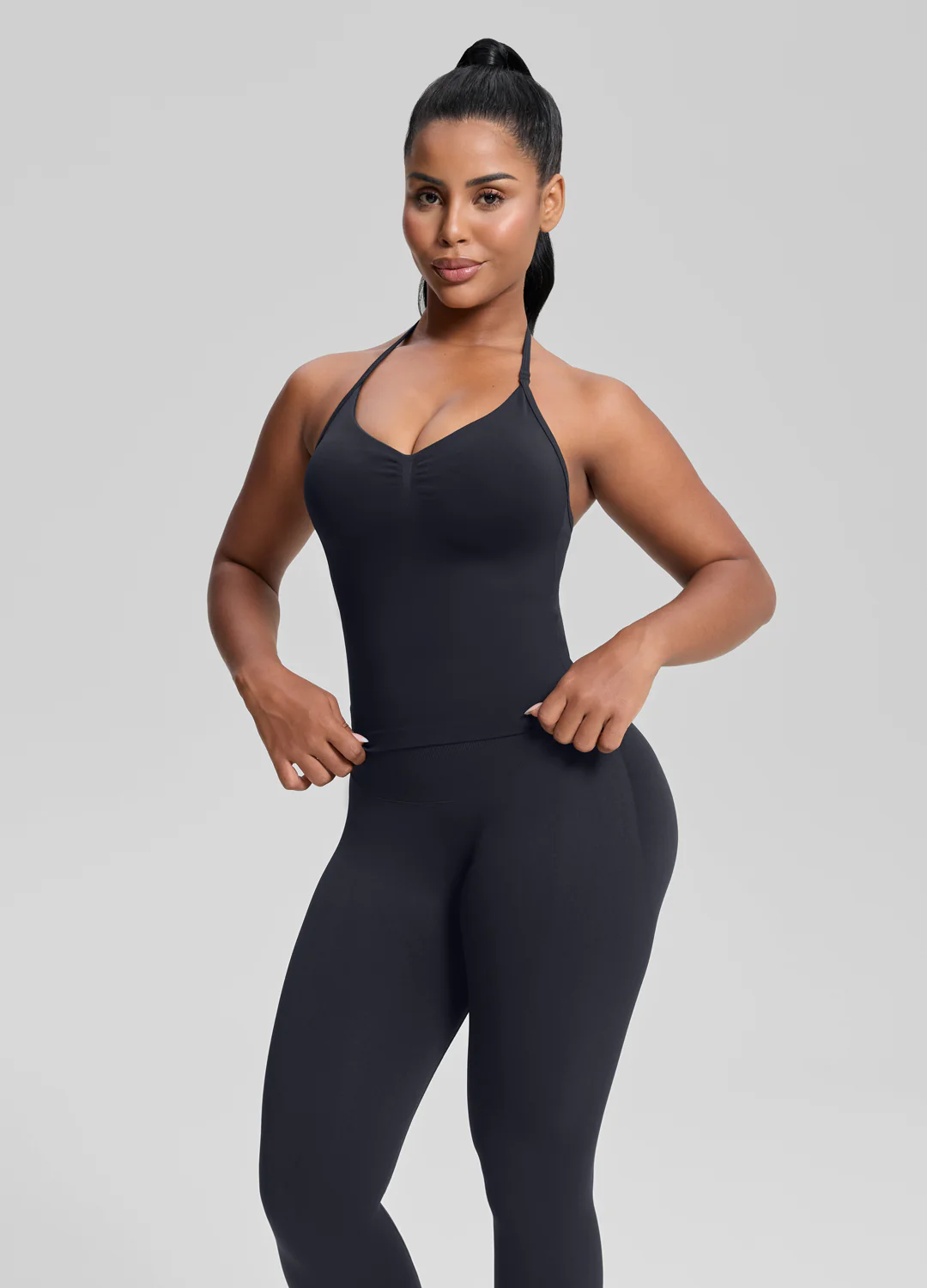 Ultrasculpt Longline Halterneck Form-Fitting Built-in Bra Twill Knit Tank Top