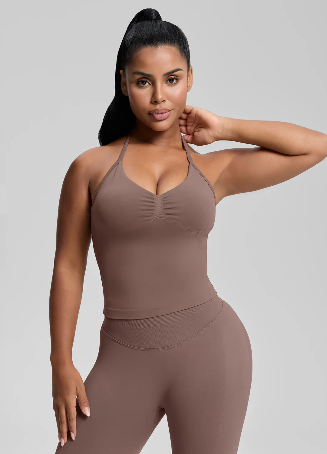 Ultrasculpt Longline Halterneck Form-Fitting Built-in Bra Twill Knit Tank Top