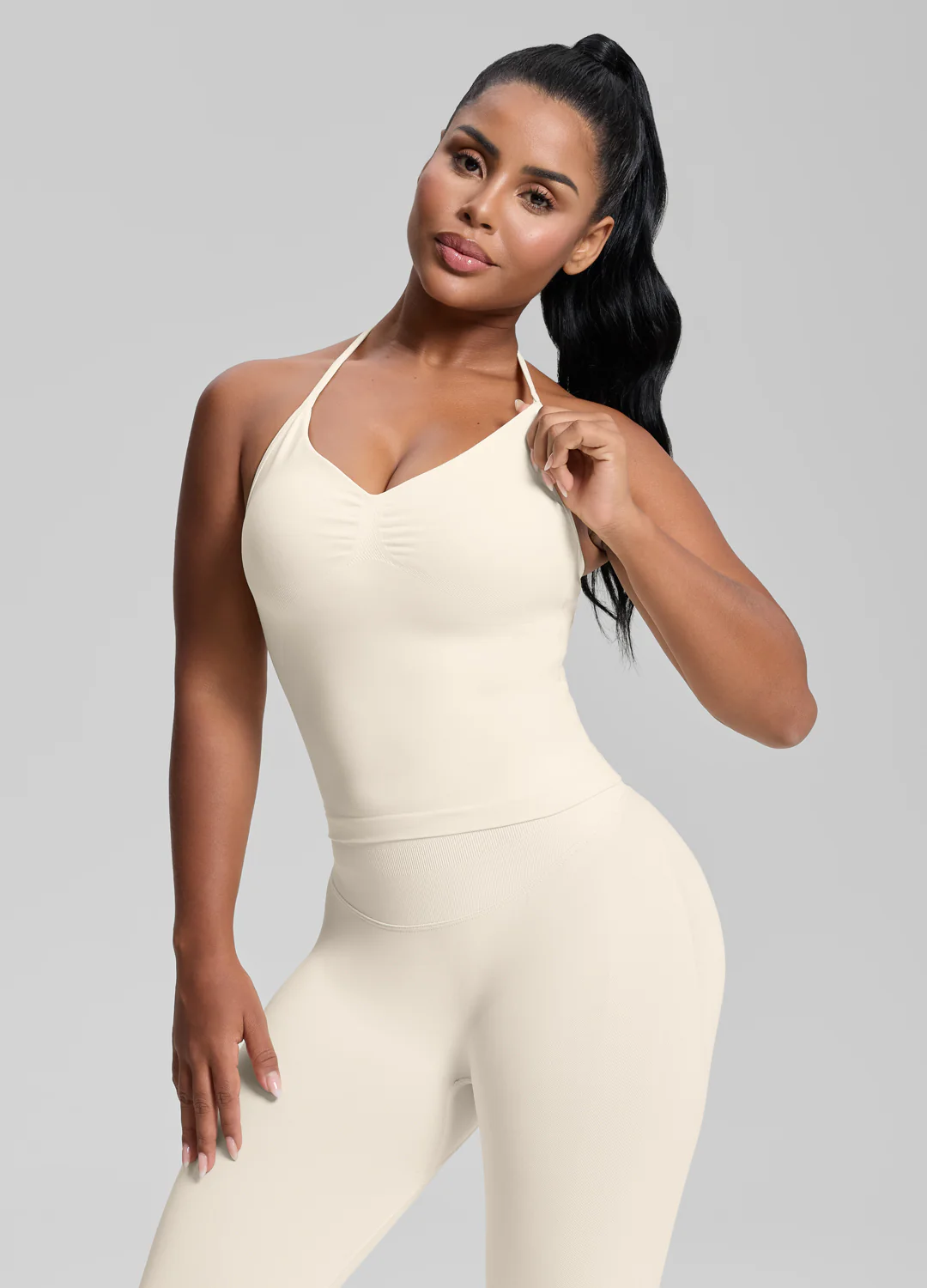 Ultrasculpt Longline Halterneck Form-Fitting Built-in Bra Twill Knit Tank Top