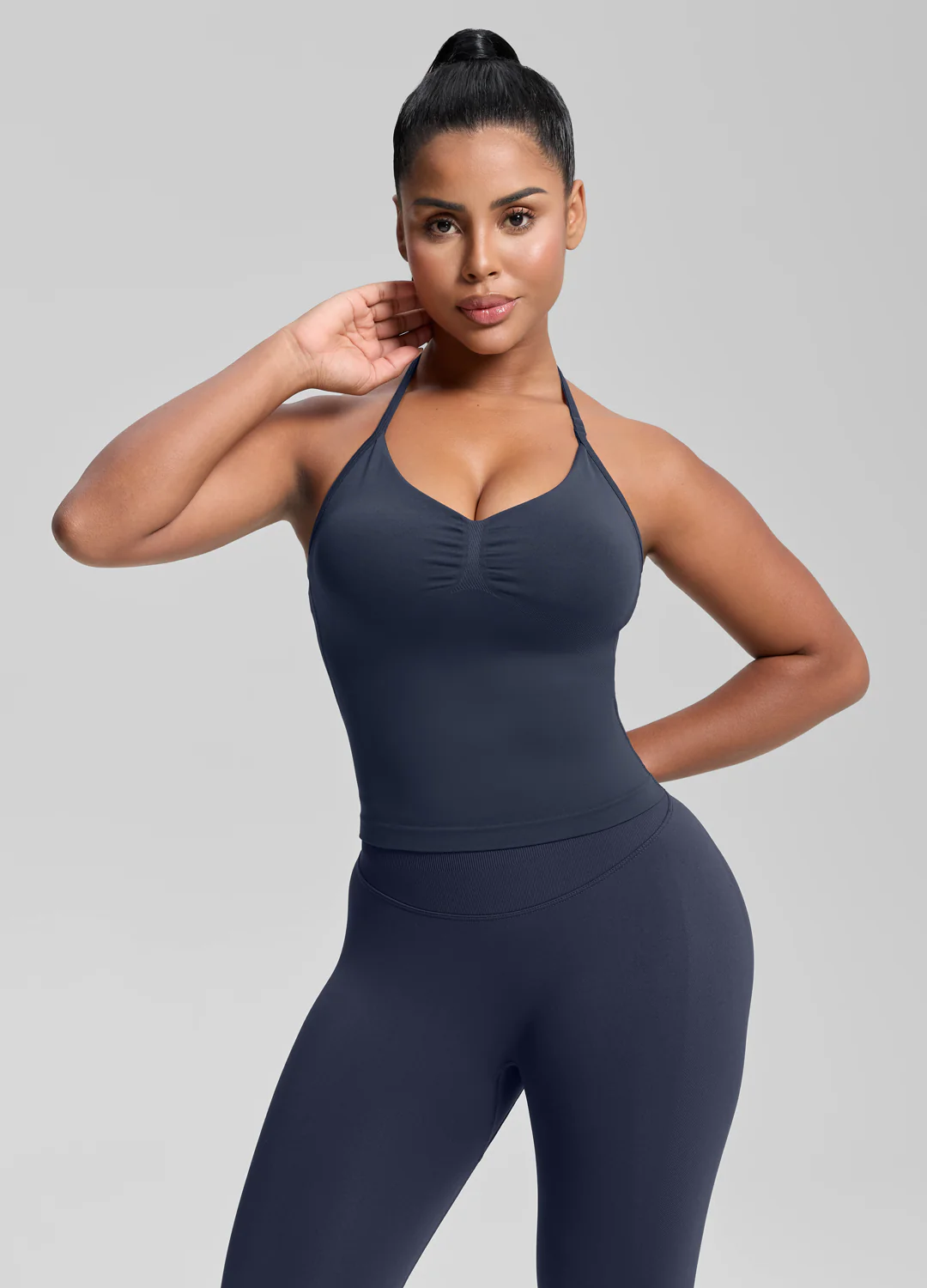 Ultrasculpt Longline Halterneck Form-Fitting Built-in Bra Twill Knit Tank Top